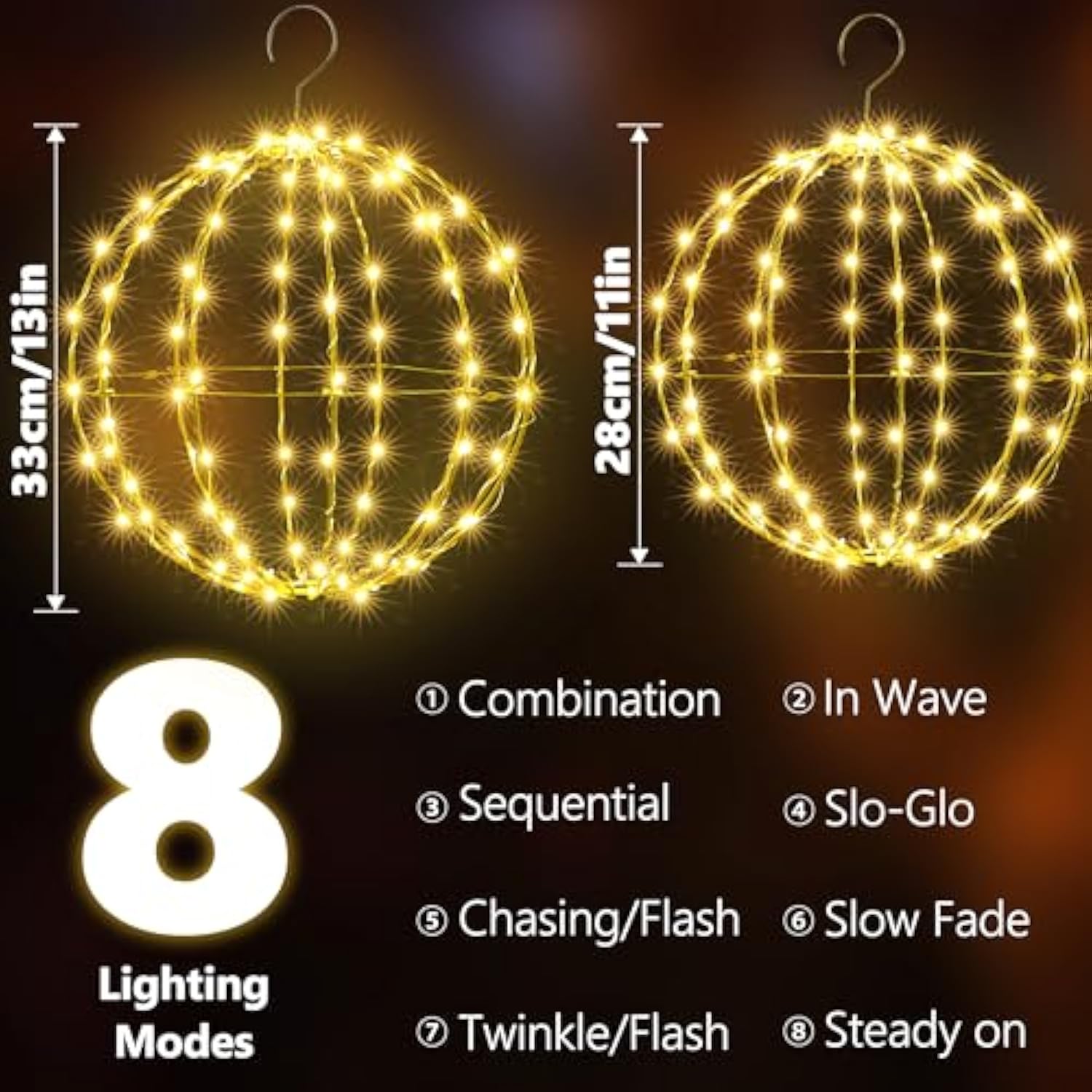 Set Of 2 Christmas Hanging Ball Lights - 2 Sizes Of Connectable Hanging Tree Globe Fairy Lights With 8 Lighting Modes,Timing Function Waterproof Indoor Outdoor (Warm White)