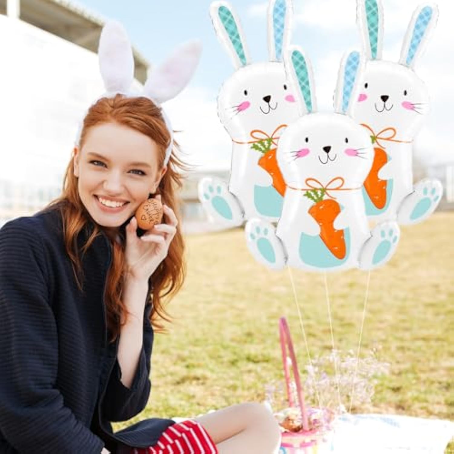 5 Pieces 30 Inches Large Easter Bunny Foil Balloons, Cute White Rabbit With Carrot Mylar Balloons For Easter Day Party Supplies, Spring Baby Shower, And Birthday Decorations