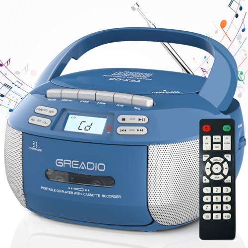 Boombox Cd Player Cassette Player Combo, Boom Box Portable Cd Players For Home With Bluetooth, Support Am Fm Radio/Remote Control/Aux/Usb/Earphone, Ac/Battery Operated, Lcd Display (Blue)