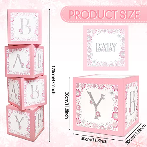 4 Pcs Baby Boxes with Letters for Baby Shower, Winter Wonderland Blocks Decorations Snowflake Decorations for Girl Boy Party Supplies(Pink)