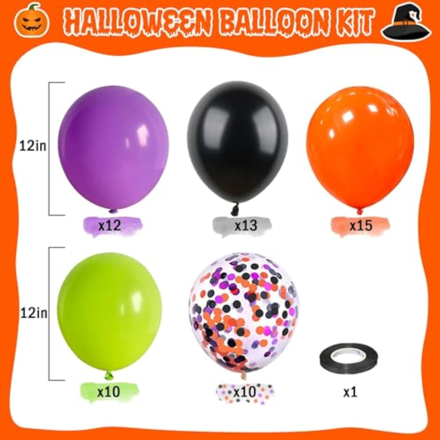 60Pcs Halloween Balloons 12" - Orange, Black, Green, Purple & Confetti Party Decor Kit