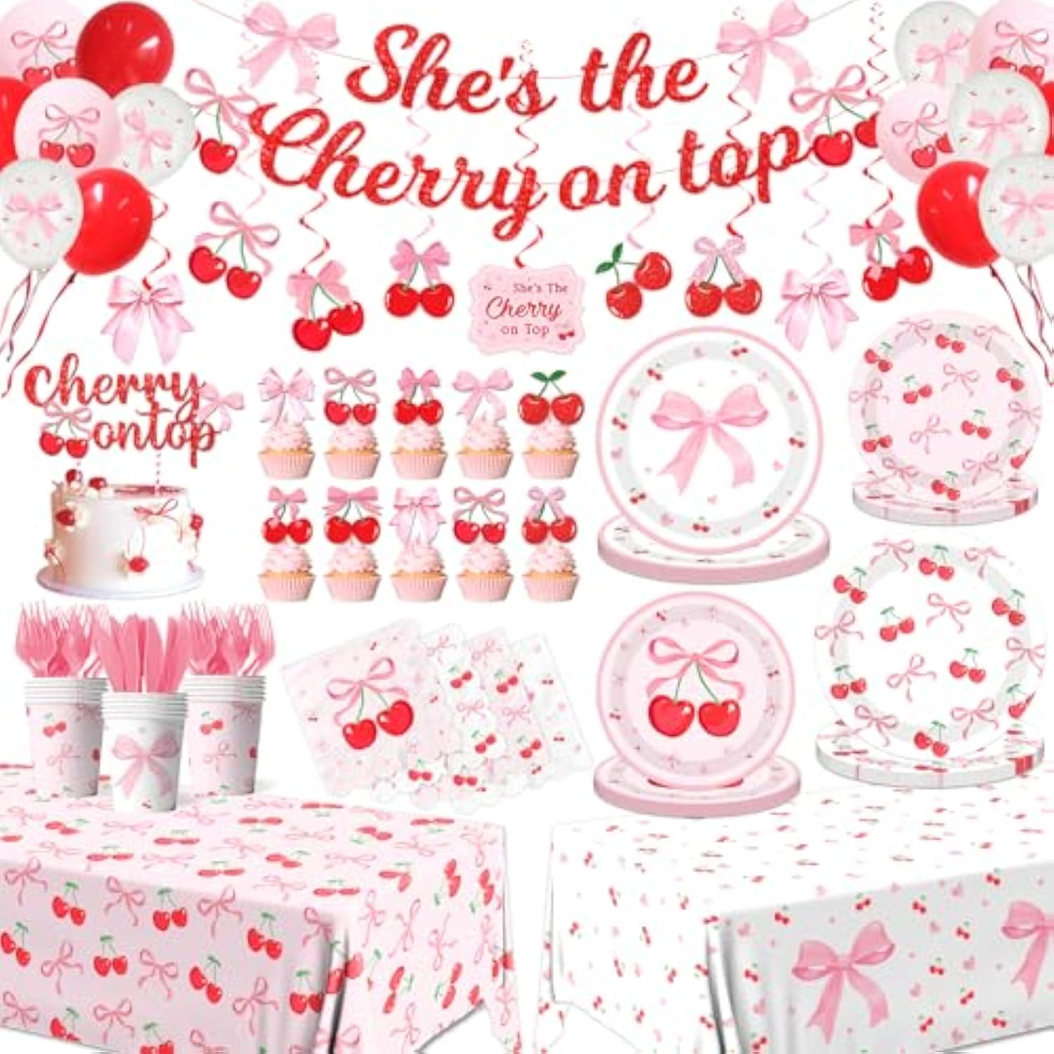 Pink Bow Party Supplies,208Pcs Coquette Birthday Party Decorations Includes Bow Cherry Paper Plates And Napkins,Cups,Banner,Tablecloth,Balloons,Serves 24 For Girls Bachelorette Party