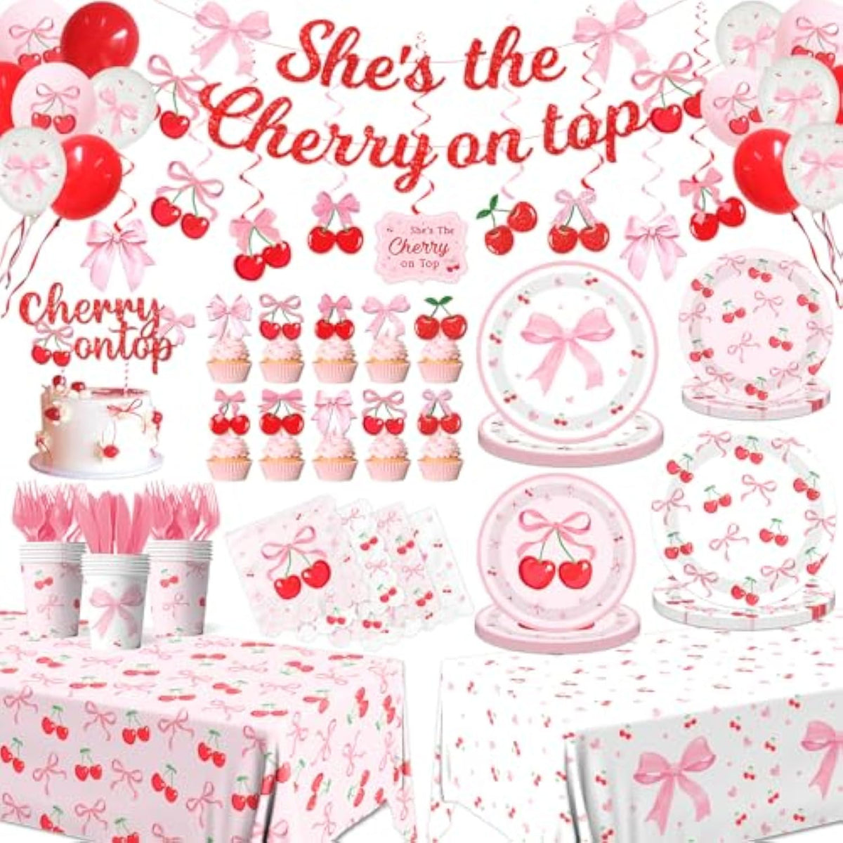 Pink Bow Party Supplies,208Pcs Coquette Birthday Party Decorations Includes Bow Cherry Paper Plates And Napkins,Cups,Banner,Tablecloth,Balloons,Serves 24 For Girls Bachelorette Party