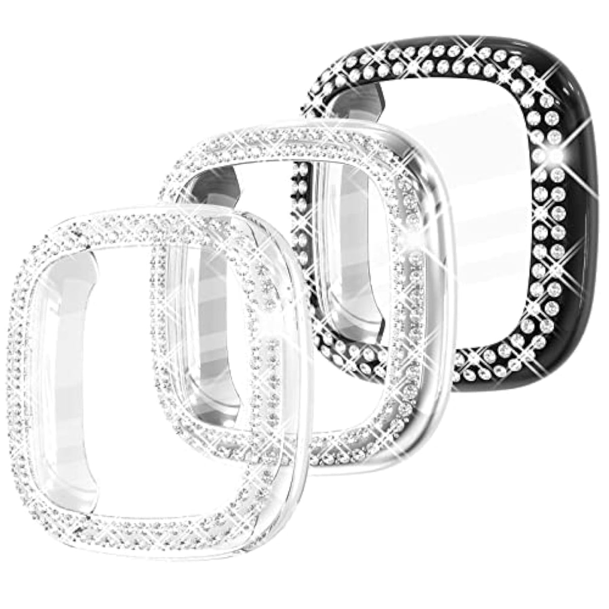 3Pack Tpu Bumper For Fitbit Versa 4 Screen Protector, Crystal Diamond Bling Case Hd Full Protective Cover For Men Women, Fitbit Versa 4/Fitbit Sense 2 Smartwatch, Black/Silver/Clear