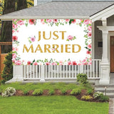 Just Married Wedding Backdrop,Wedding Party Banner with 70.8 X43.3 inch, Floral Bridal Shower Backdrop Banner Sign for Bridal Shower Wedding Engagement Party Decorations Photography Background