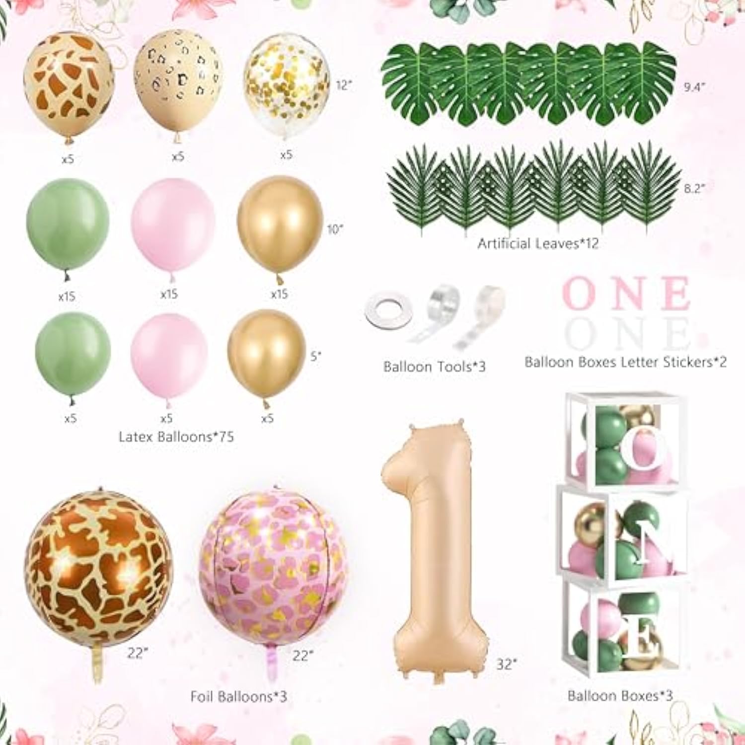 Wild One Jungle Theme First Birthday Party Supplies - Pink Safari Backdrop, Tablecloth, Balloon Arch & Blocks