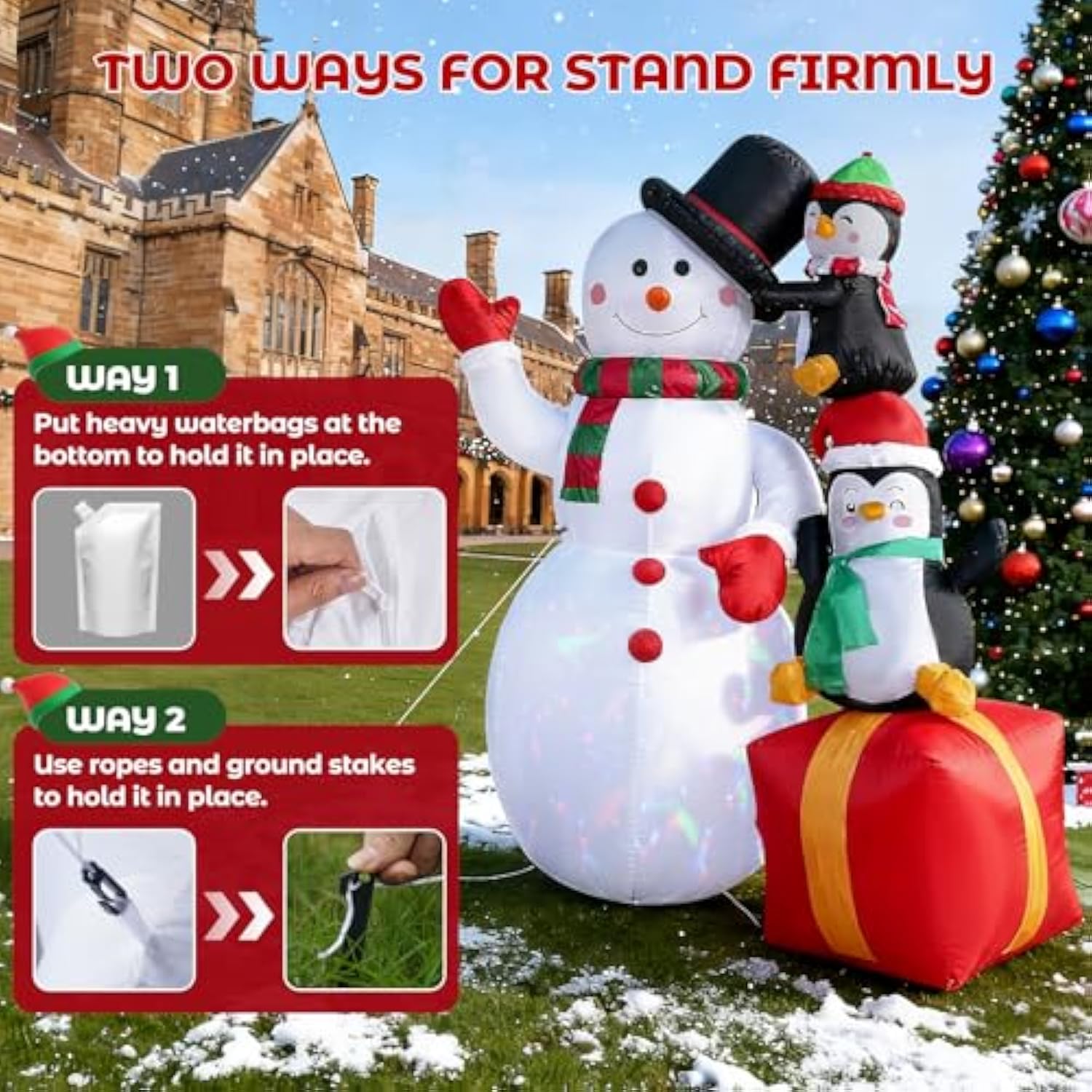 Christmas Inflatables Snowman With Penguins, Xmas Blow Up Magic Hat Snow Man With Rotating Led Lights, Outdoor Decoratio