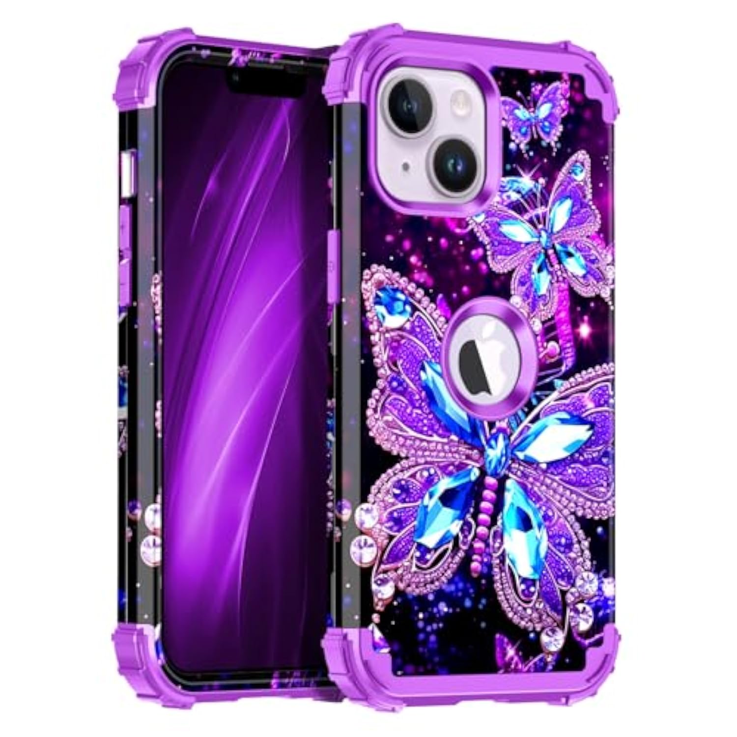 Compatible With Iphone 14 Plus Case,Glow In The Dark Three Layer Heavy Duty Shockproof Hard Plastic Bumper+Soft Silicone Protective Case For Apple Iphone 14 Plus,Dark Butterfly