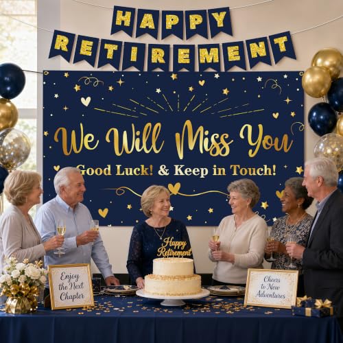 Retirement Party Decorations, Blue Gold We Will Miss You Backdrop Set