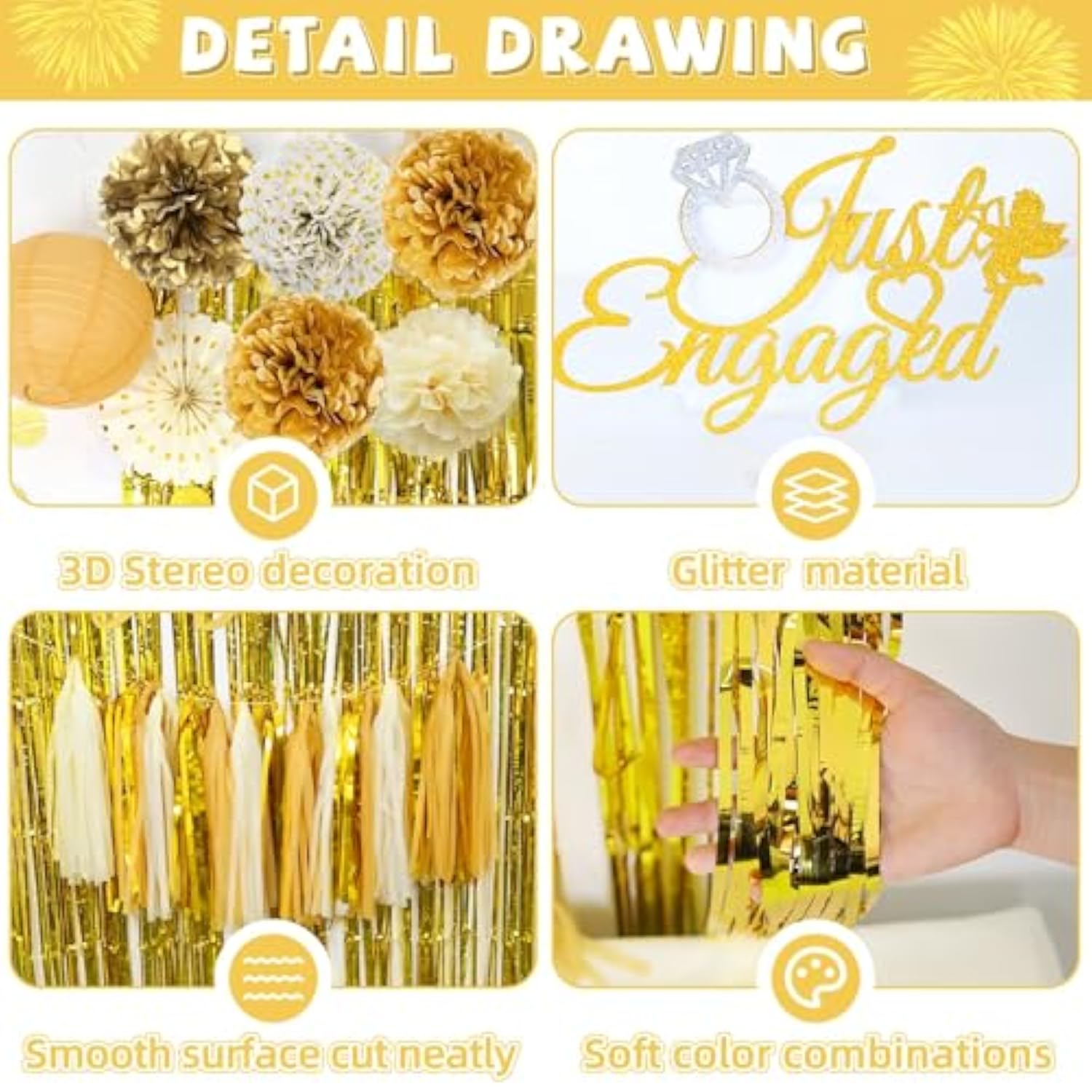 Gold Engagement Party Decorations, Just Engaged Decorations Include Happy Engagement Banner Lanterns For Congratulations Wedding Bachelorette Backdrop Decor