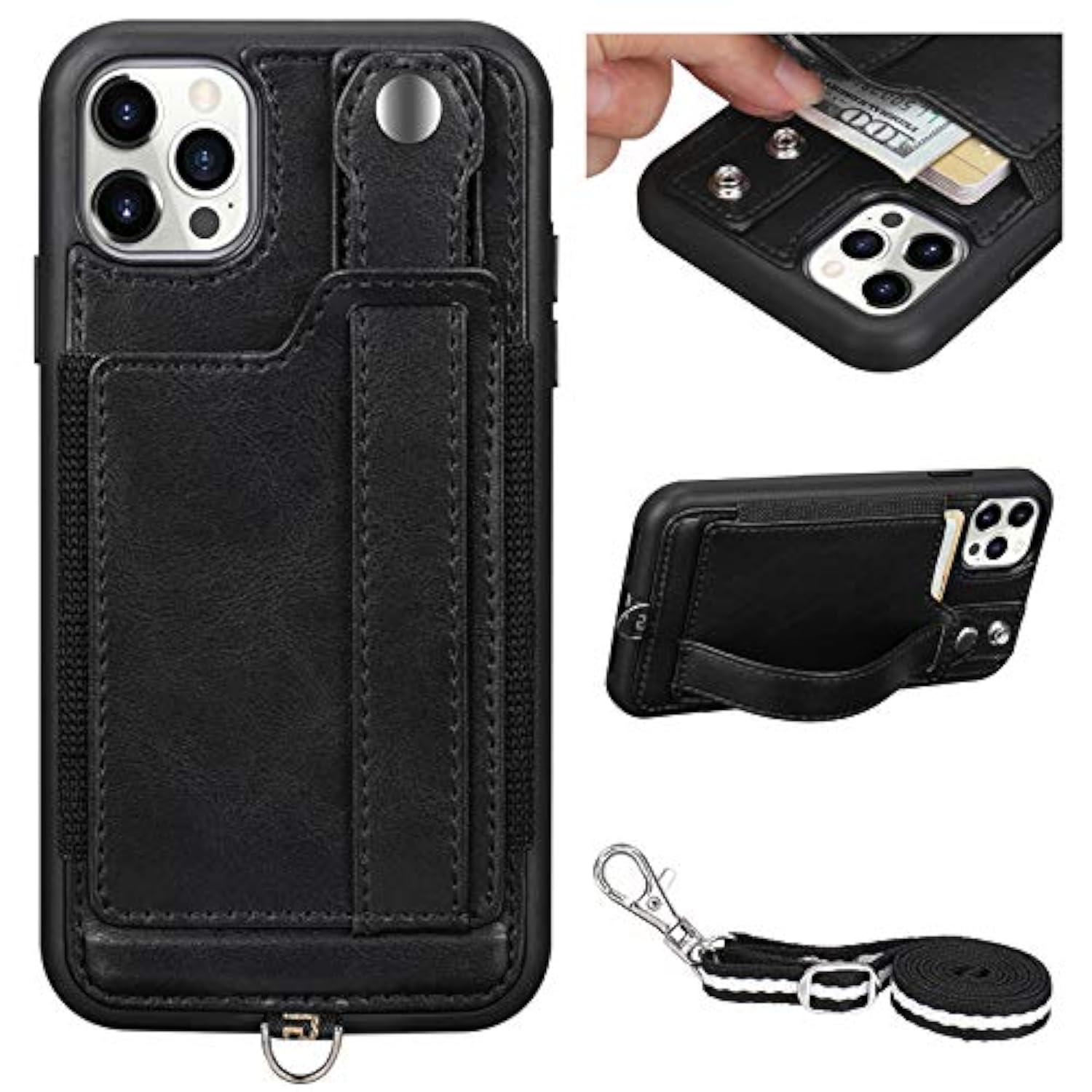 Wallet Case For Iphone 12 Pro Max Lanyard Case With Pu Leather Kickstand Detachable Neck Strap Cover For Iphone 12 Pro Max 6.7" For Men Women Black