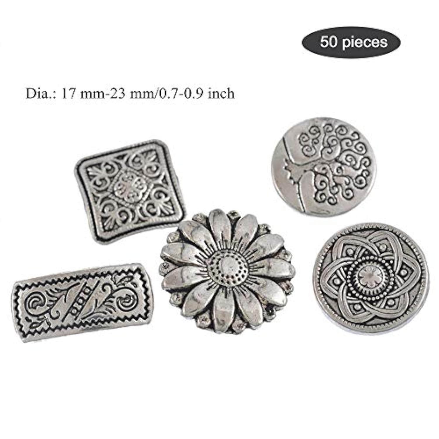 50 Pieces Antique Metal Buttons With Shank Round/Square/Flower Shaped