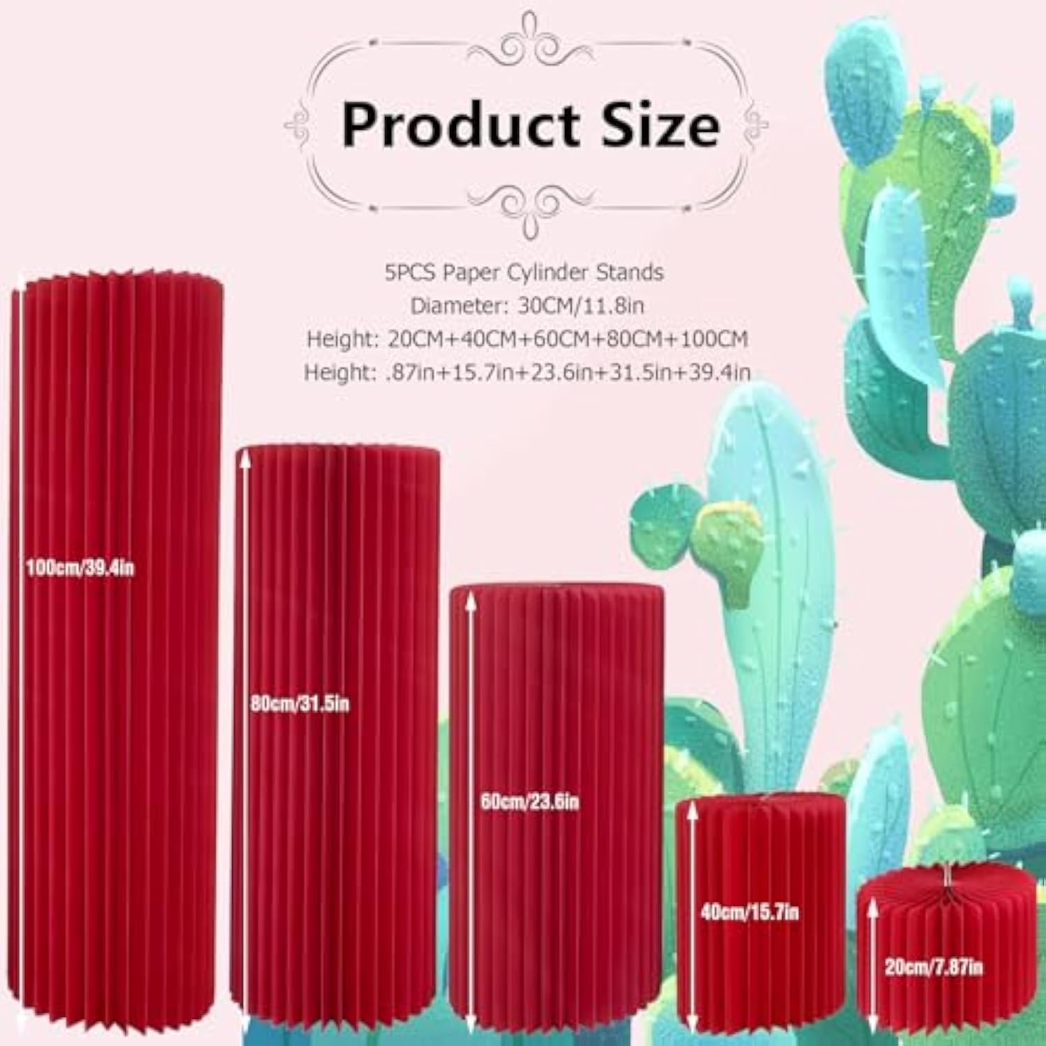 Cylinder Stands For Party 5Pcs Round Pedestal Stand Foldable Cardboard Columns Cylinder Tables For Parties Baby Shower Birthday Wedding Pillars Display Decoration (Red,5Pcs)