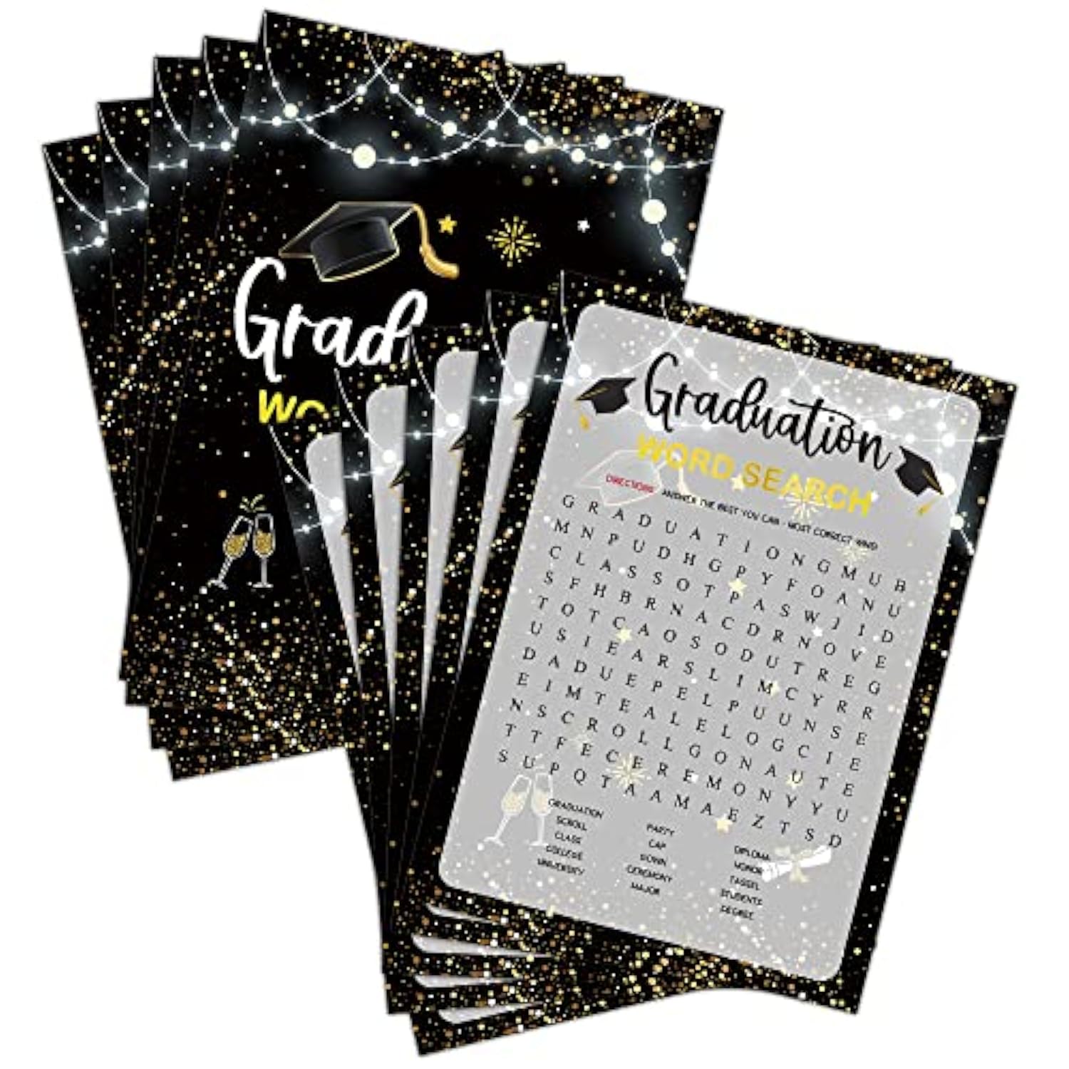 Graduation Party Games - Word Search Game Cards For The Graduate - Graduation Party Decorations 2024 - Gold & Black Grad Celebrations Party Supplies For High School/College - 30 Game Cards(G01)