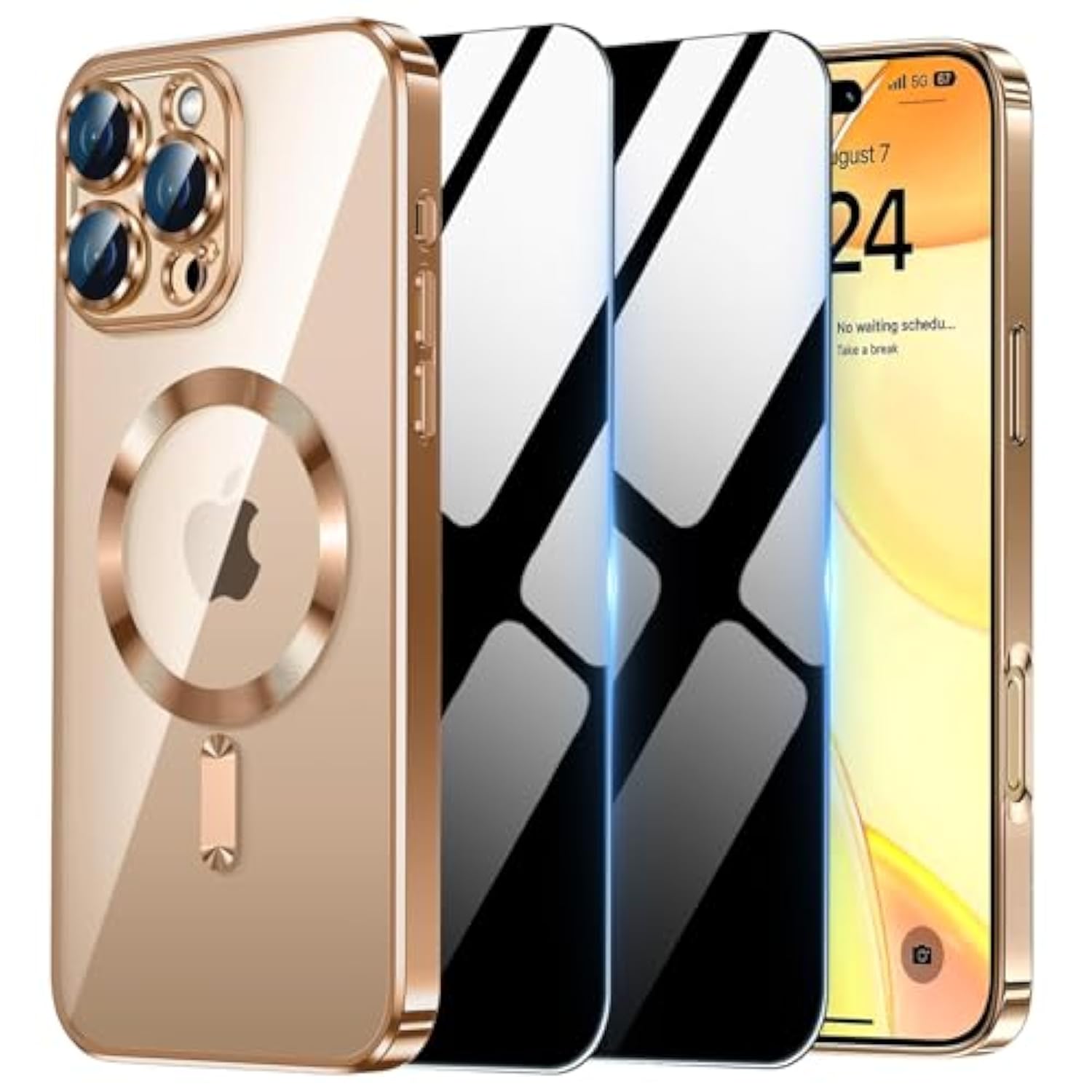 Magnetic Case For Iphone 15 Pro Max With 2 Privacy Screen Protector & Camera Cover [Compatible With Magsafe],Non-Yellowing Plating Glossy Shockproof Phone Case For Iphone 15 Promax,Gold