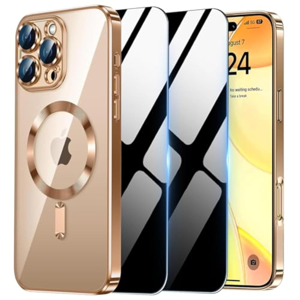 Magnetic Case For Iphone 15 Pro Max With 2 Privacy Screen Protector & Camera Cover [Compatible With Magsafe],Non-Yellowing Plating Glossy Shockproof Phone Case For Iphone 15 Promax,Gold
