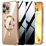 Magnetic Case For Iphone 15 Pro Max With 2 Privacy Screen Protector & Camera Cover [Compatible With Magsafe],Non-Yellowing Plating Glossy Shockproof Phone Case For Iphone 15 Promax,Gold