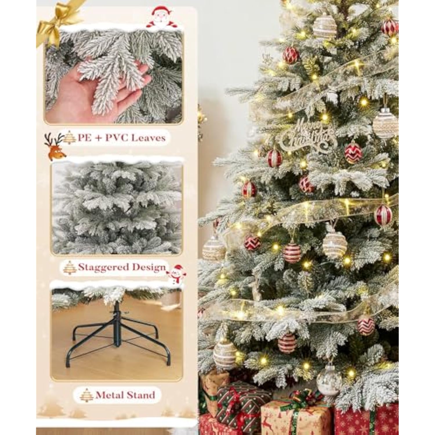 6Ft Artificial Christmas Tree, Unlit Snow Flocked Xmas Tree With 1571 Branch Tips And Sturdy Metal Stand For Indoor Outdoor Home Decoration