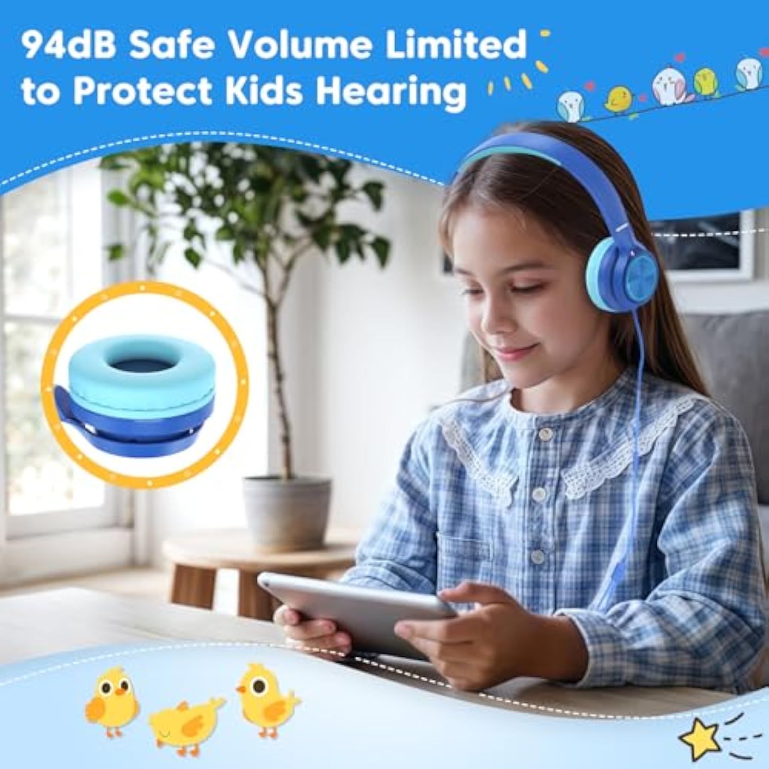 Usb C Headphones Kids For School, 3.5Mm Wired Headphones For Kids Lightweight On-Ear Headphones Built-In Mic, Safe Volume Limited For Girls/Boys/School,Travel,Cellphones,Tablets(Blue)