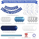 Blue & White Happy Birthday Set — Banner, Swirls, Dots, Balloons for Party