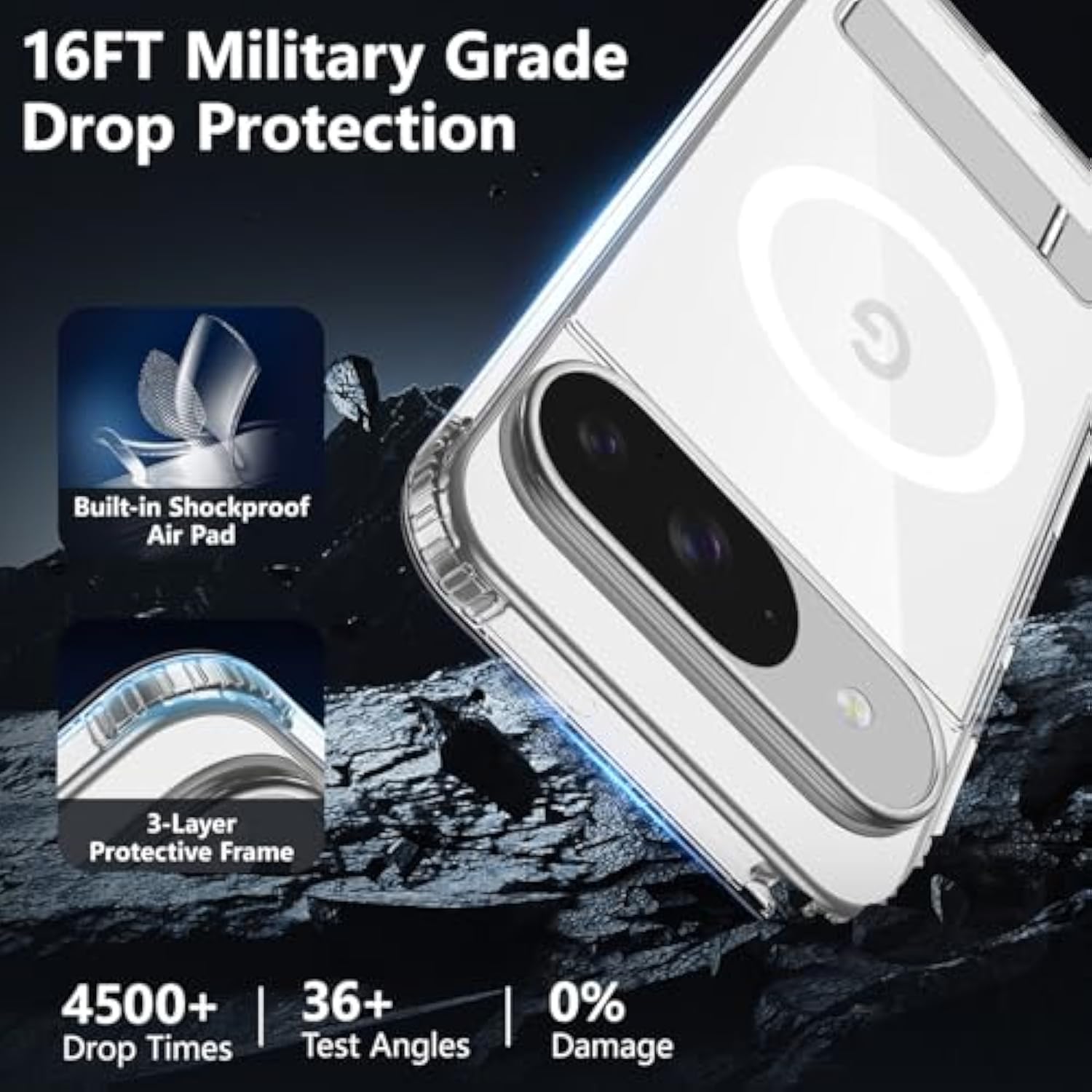 Magnetic Case For Google Pixel 9/9 Pro, Adjustable Kickstand, Grade Drop Tested, Non-Slip Shockproof Slim Case, Clear