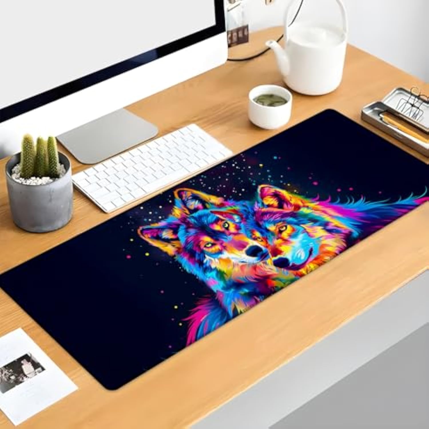 Wolf Gaming Mouse Pad, Colorful And Black Background Mousepads For Gaming Home Office Work, Extended Mats Computer Keyboard Laptop, 31.5×11.8 Inch Large Desk Mat With Non-Slip Rubber Base