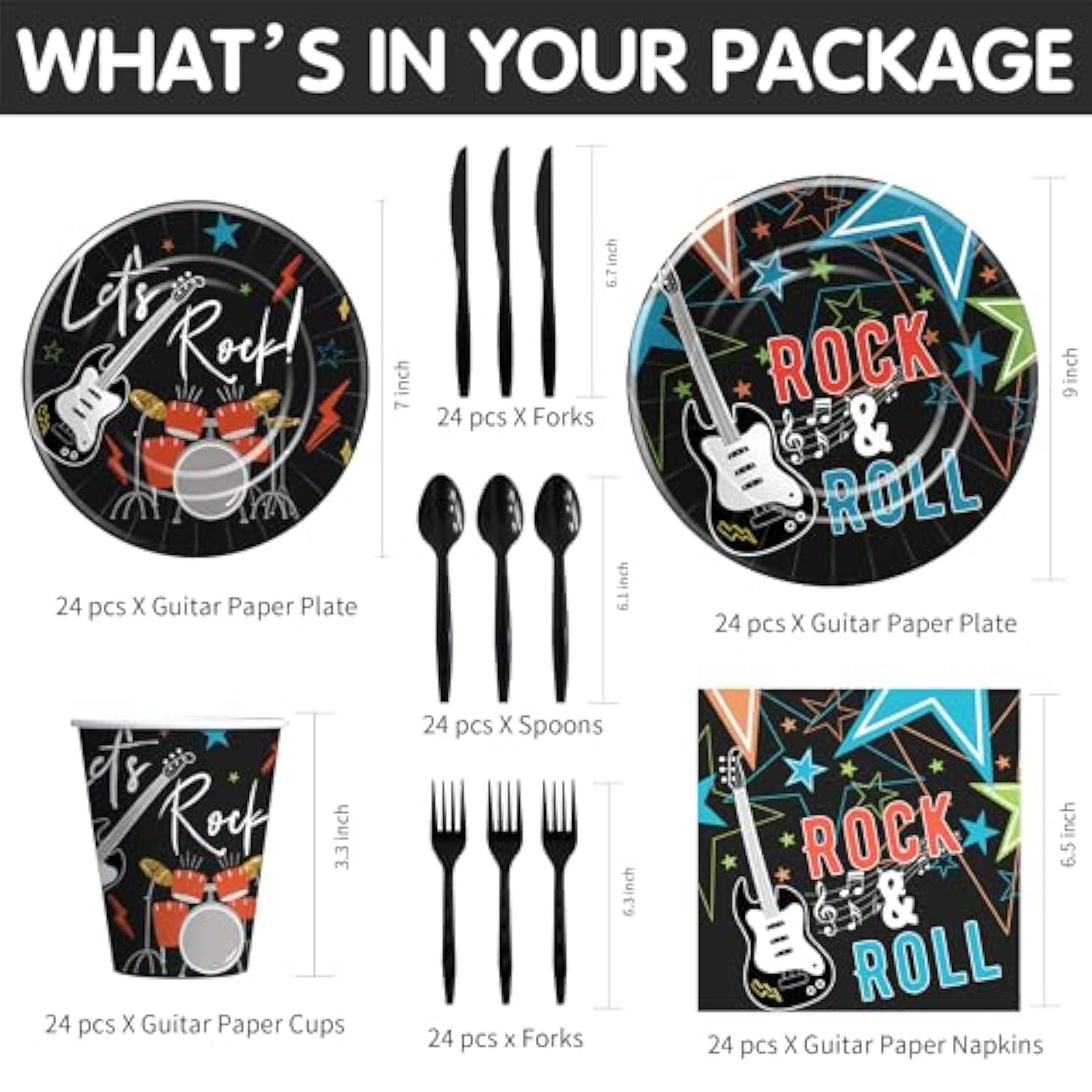 Rock And Roll Party Decorations Tableware - Rockstar Guitar Theme Rock N Roll Music Birthday Party Supplies, Paper Plate, Cup, Napkin, Disposable Cutlery | Serves 24