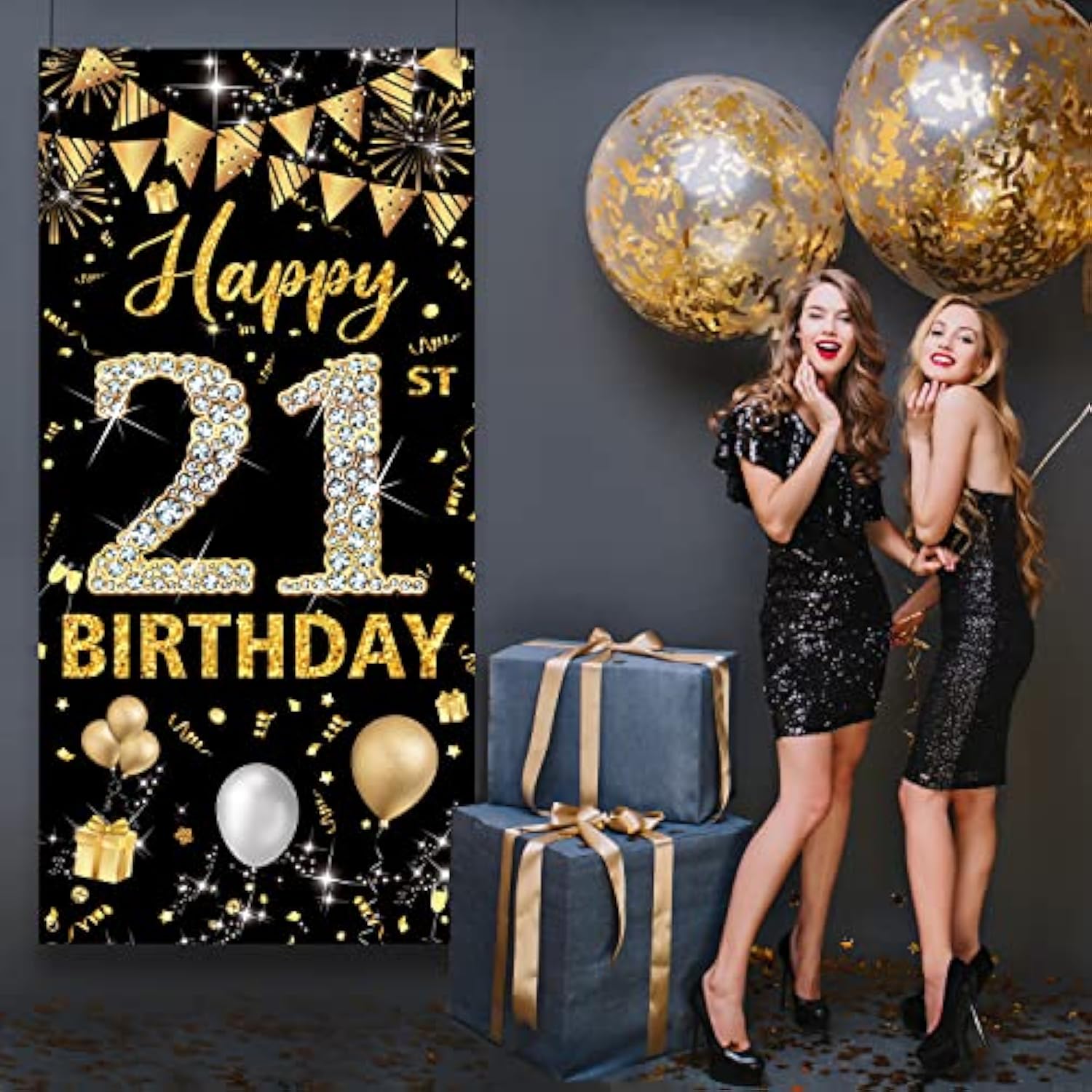 21st Birthday Door Banner: Black & Gold Party Decoration