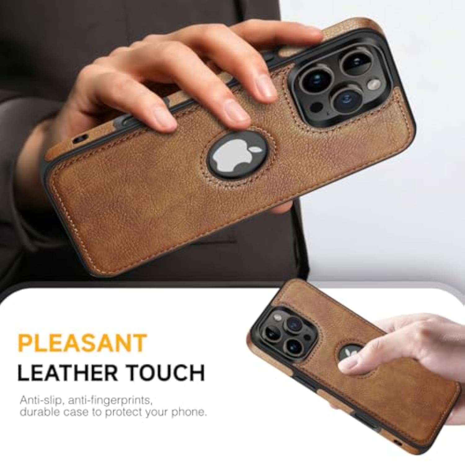 Unique Design Luxury Leather Business Phone Case For Iphone 16 Pro Anti-Slip Scratch Resistant Ultra Slim Protective Case (2024,6.3”) (Brown)