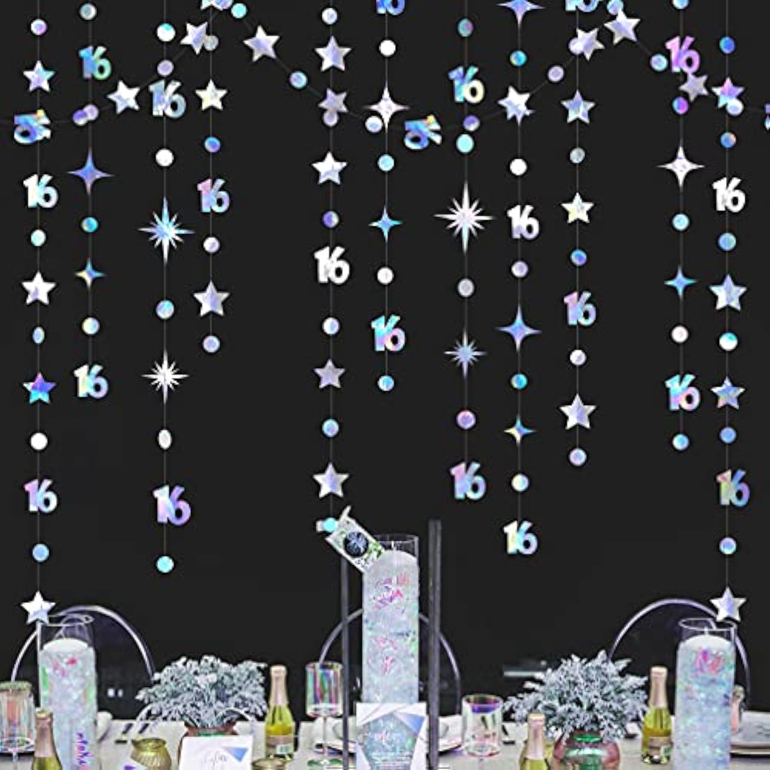Iridescent Number 16 Circle Dot Twinkle Star Garland Kit Metallic Hanging Streamer Bunting Banner Backdrop Decorations For Girls 16Th Birthday Sweet Sixteen Wedding Anniversary Bridal Shower Party