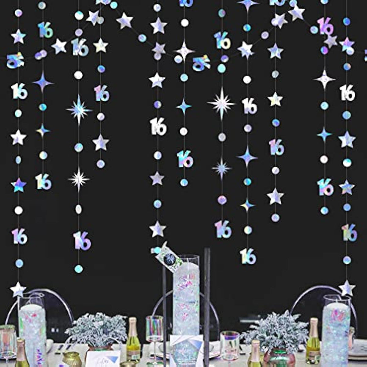 Iridescent Number 16 Circle Dot Twinkle Star Garland Kit Metallic Hanging Streamer Bunting Banner Backdrop Decorations For Girls 16Th Birthday Sweet Sixteen Wedding Anniversary Bridal Shower Party
