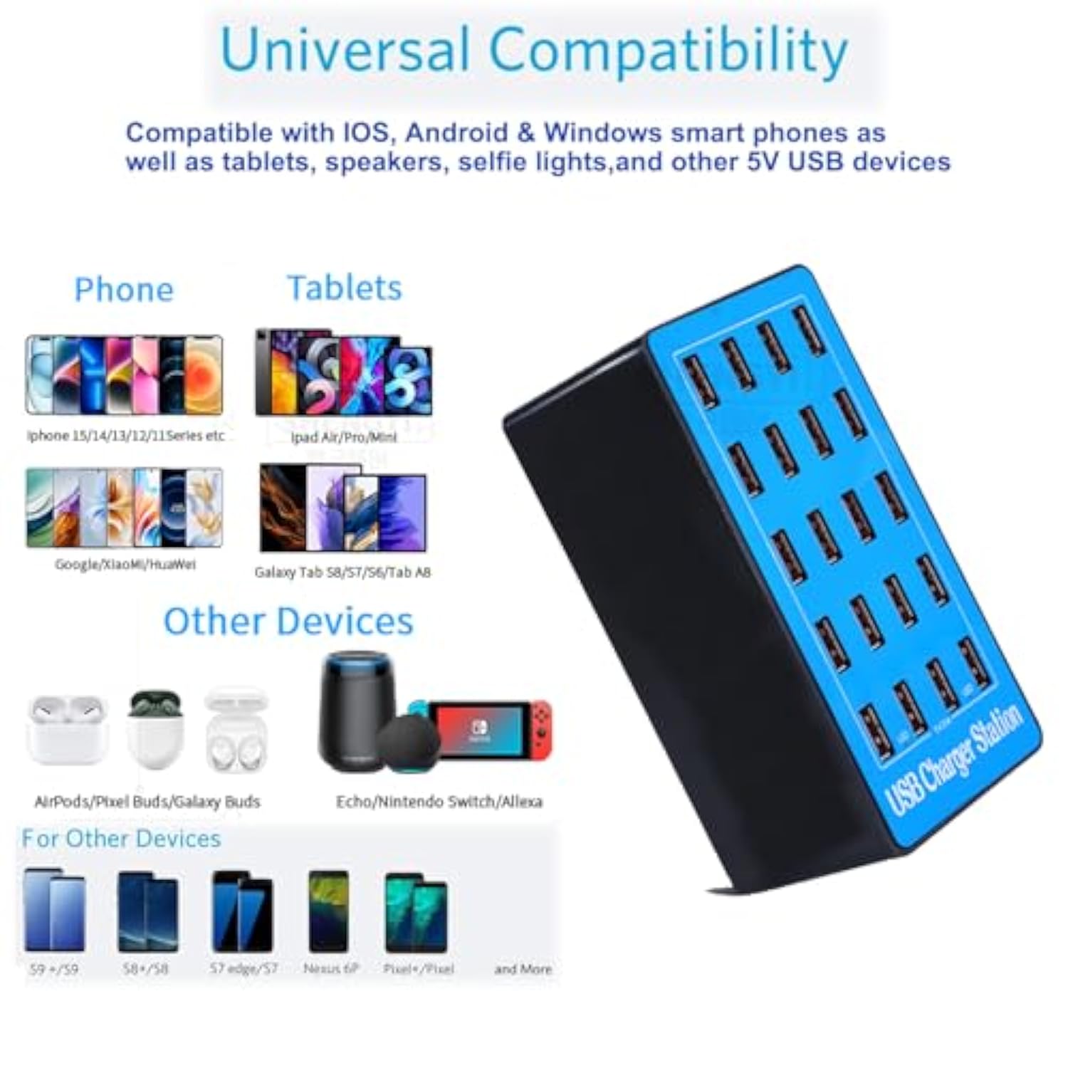 Usb Charging Station, 20-Port 100W/20A Multi-Usb Charger Station For Smartphones, Tablets, And Other Devices