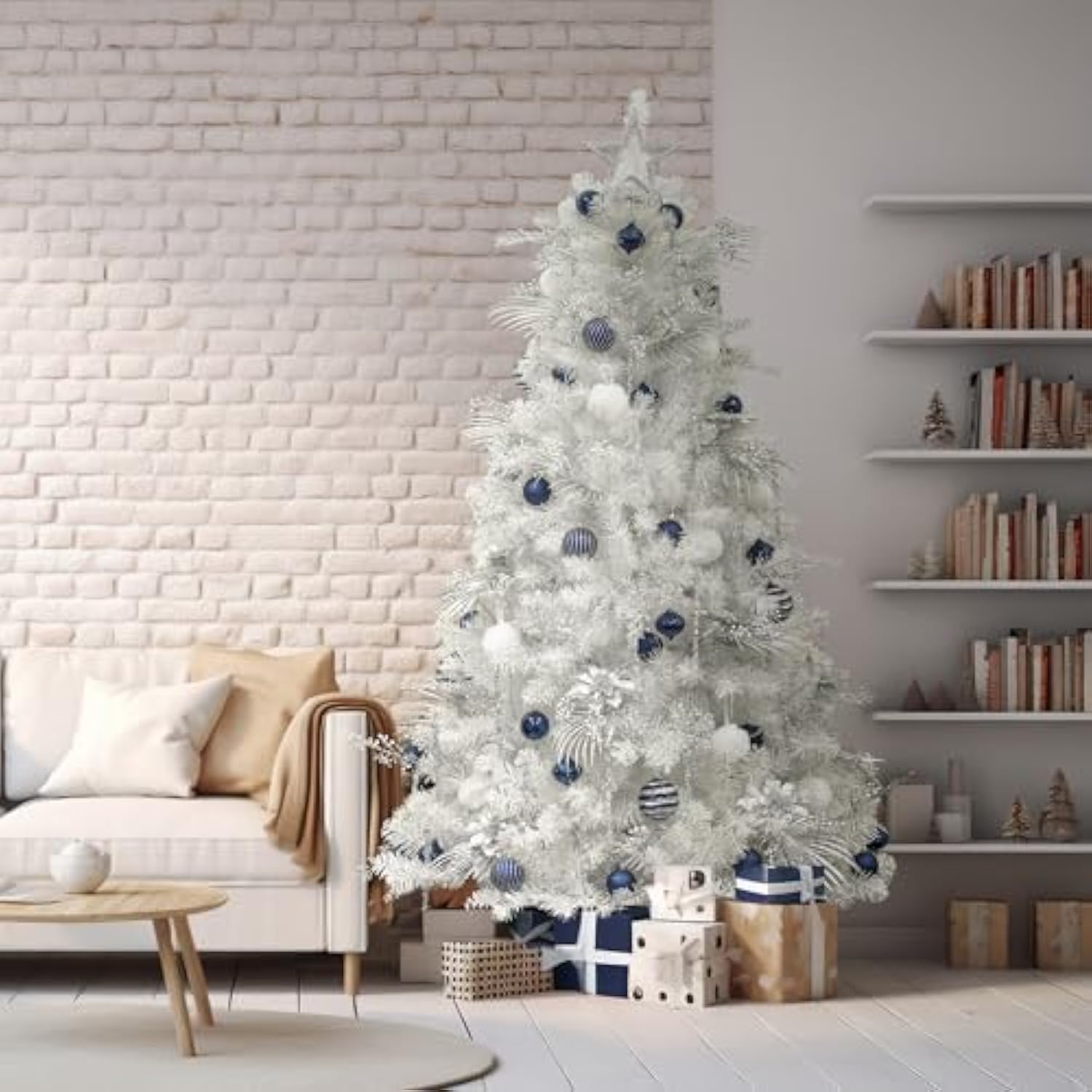 Store 6Ft White Christmas Tree With Ornaments And Lights All-In-One Completed Christmas Tree Set Including 6 Feet Full Tree, Ornaments, Led String Lights With Remote And Timer