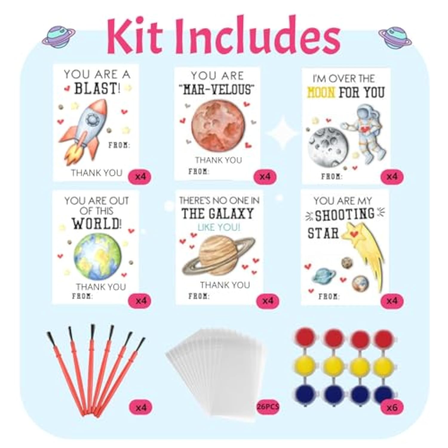 Thank You For Coming Gifts For Kids - Space Party Favors - 24 Pcs Space Cards With Art Supplies - Astronaut Wood Painting Craft Kits - Kids Birthday Boys Girls Gifts Bulk