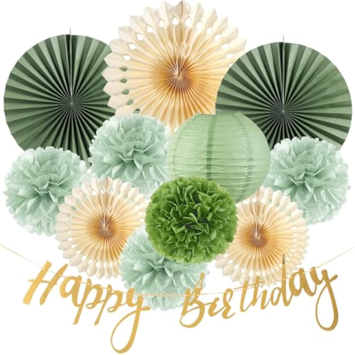 Sage Green Birthday Decor Kit – Banner, Paper Fans, Pom Poms & Lanterns for Boho Parties