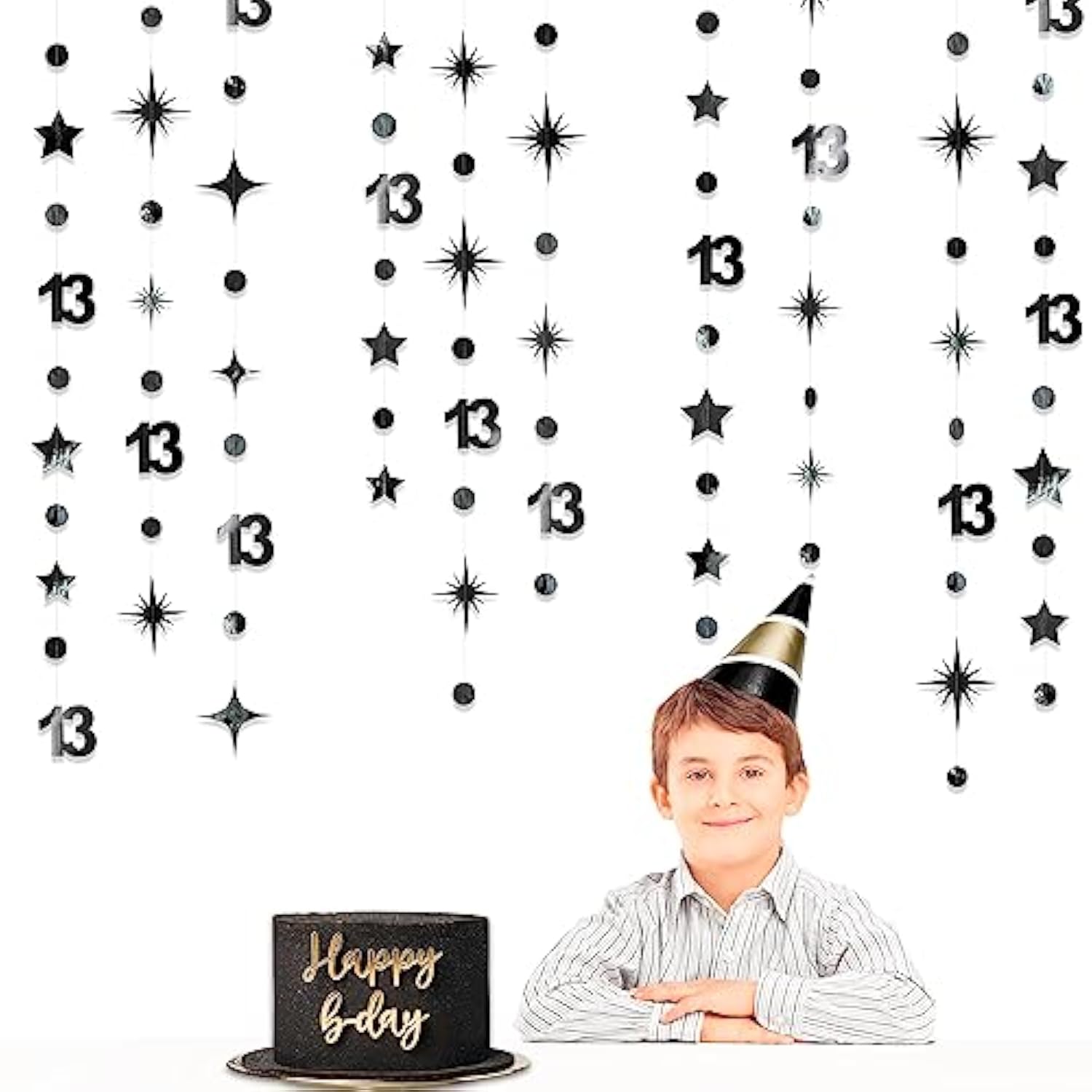 Black 13th Birthday Decorations – Metallic Star & Number 13 Garland Banner for Teen Party Decor