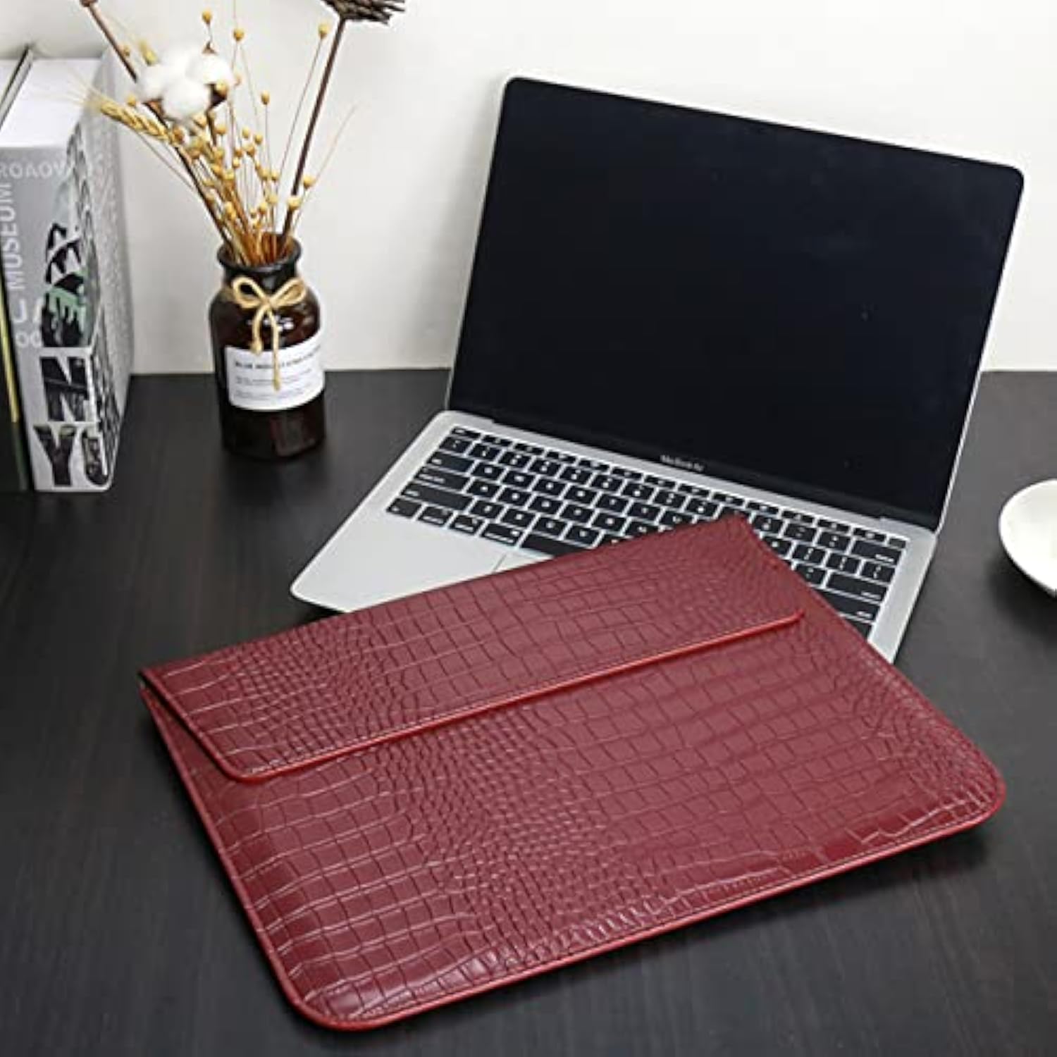 Laptop Sleeve Compatible With Macbook Air 13/13.6 Inch M4 M3 M2 M1 A3240 A3113 A2681 A2337 A2179 A1932 2025-2018 / Pro M2 M1 2022-2016, Crocodile Grain Pu Leather Flap Style Case Bag, Wine Red