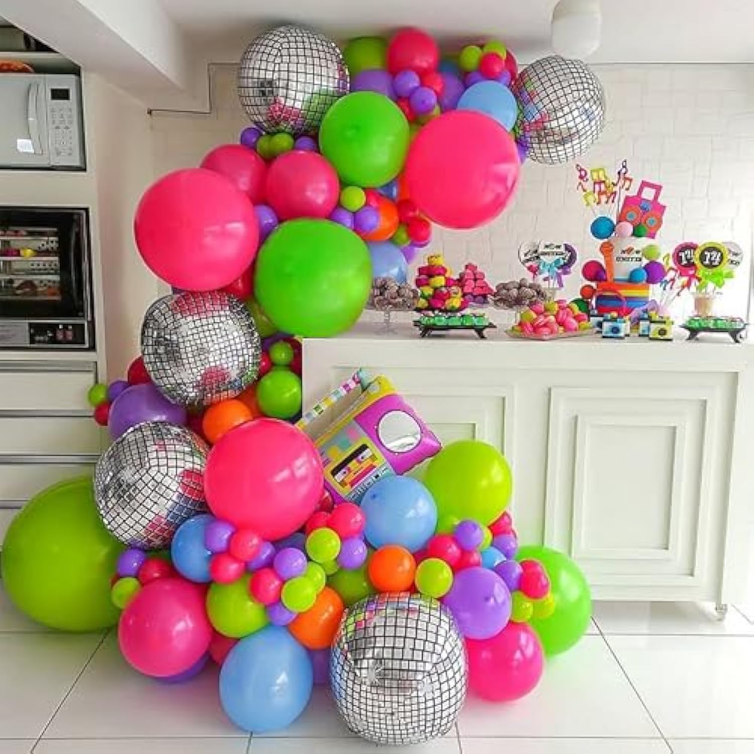 Back To 80S 90S Party Decorations, Rainbow Neon Disco Balloon Garland Arch Kit, Retro Disco Radio Foil Balloon For Retro Birthday Party Decorations Hip Hop Rock Photo Props Backdrop