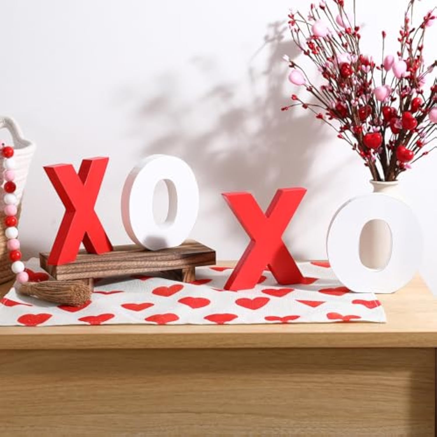 Valentines Day Decor-Wooden Xoxo Tabletop Sign-Classic White Red Valentines Decorations For Home Table Shelf Mantel Fireplace Wedding Party Supplies