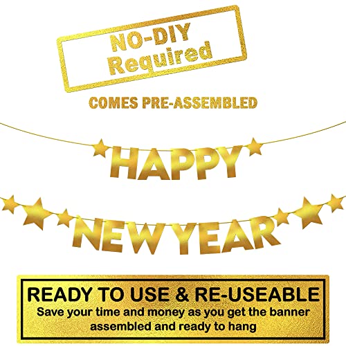 , Gold Happy New Year Banner - 10 Feet, Pre-Strung | Happy New Year Backdrop 2027 with Star for New Years Eve Party Supplies 2027 | New Years Decorations 2027 | NYE Decorations 2027