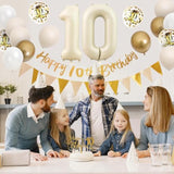 10th Birthday Decorations in Sand and Gold with Balloons and Banner