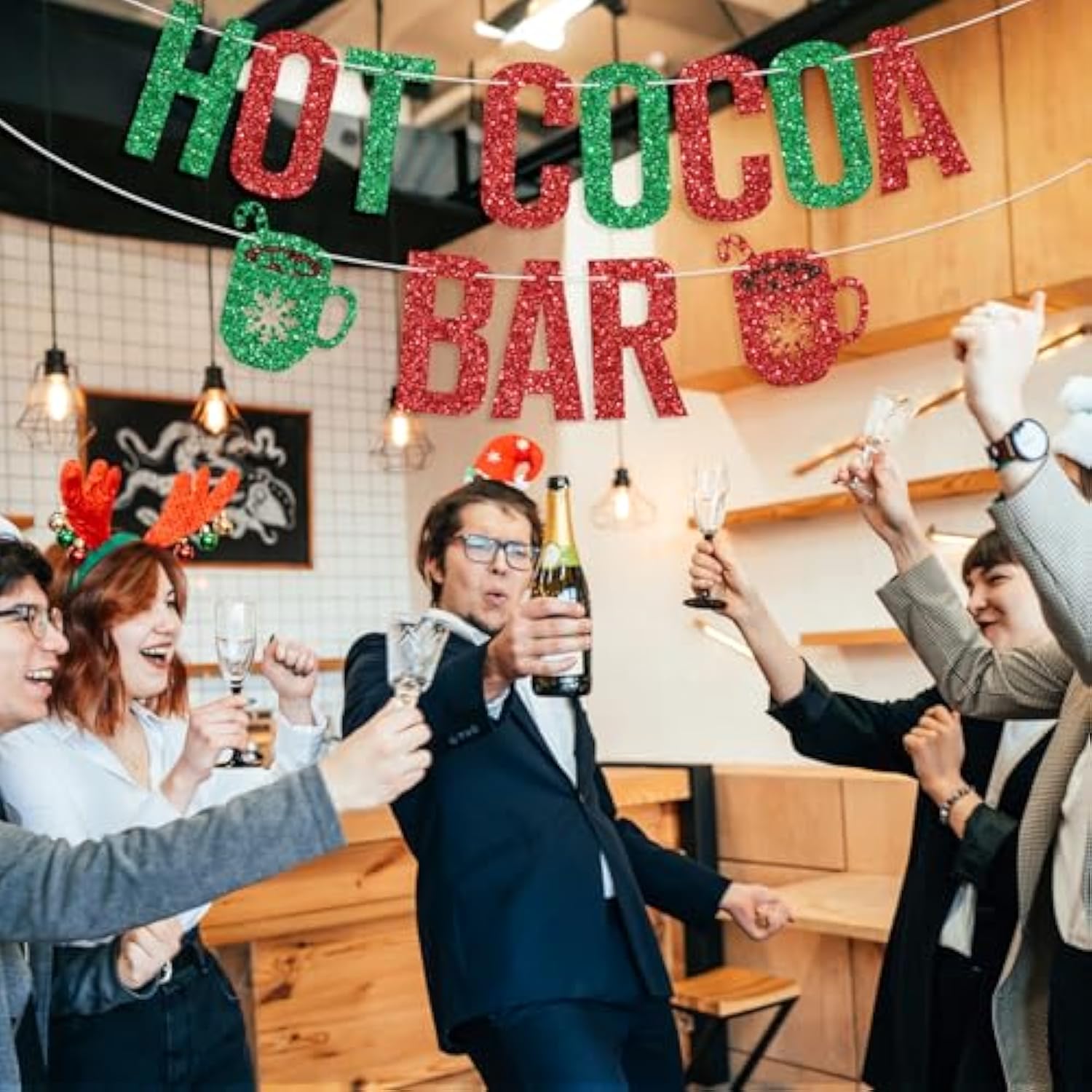 Red & Green Glitter Hot Cocoa Bar Banner Winter Holiday Party Decor