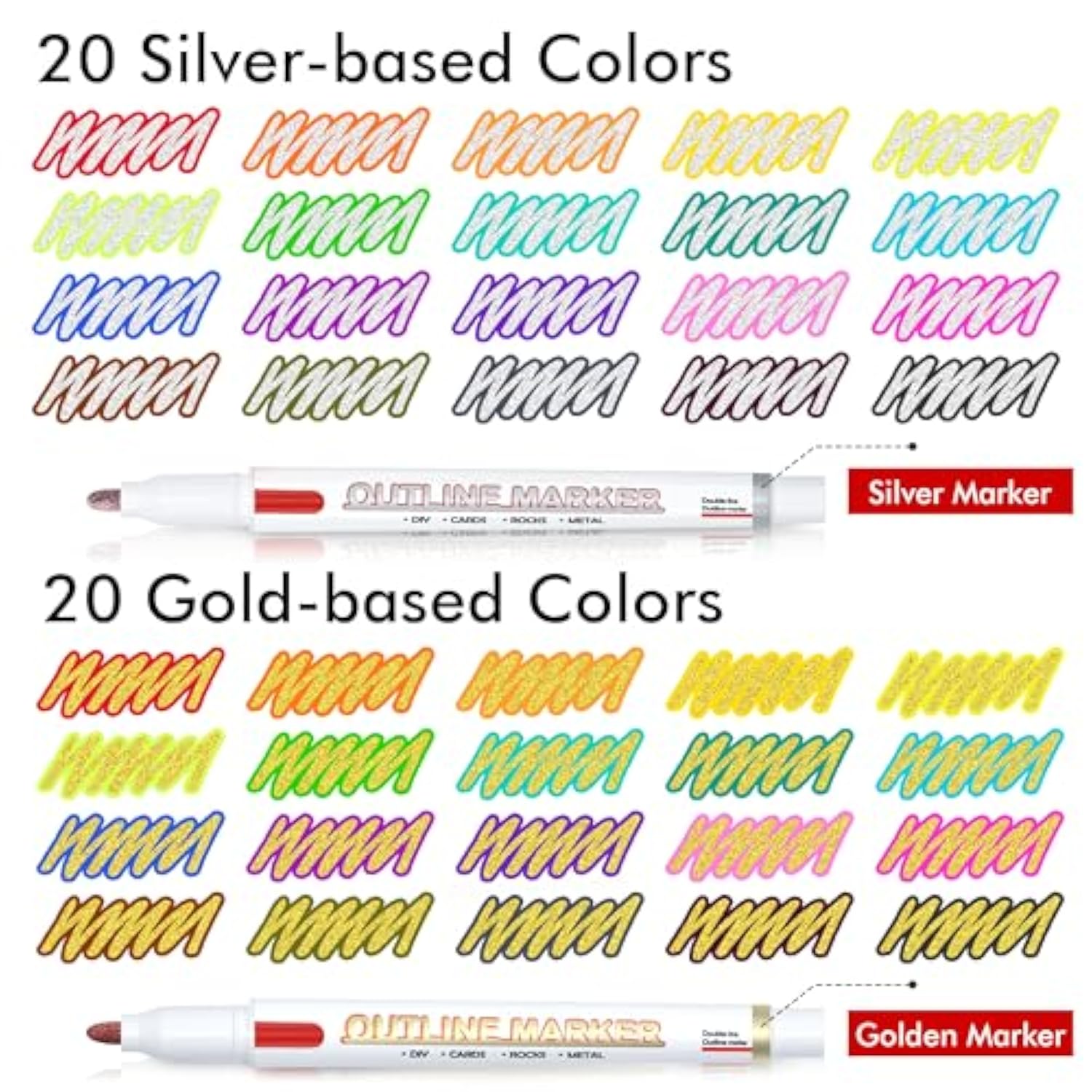 40 Pack Double Line Outline Permanent Markers, 20 Silver And 20 Gold Colors Squiggles Shimmer Markers Set, Self Outline Metallic Marker Pens For Drawing, Christmas Card, Diy Crafts