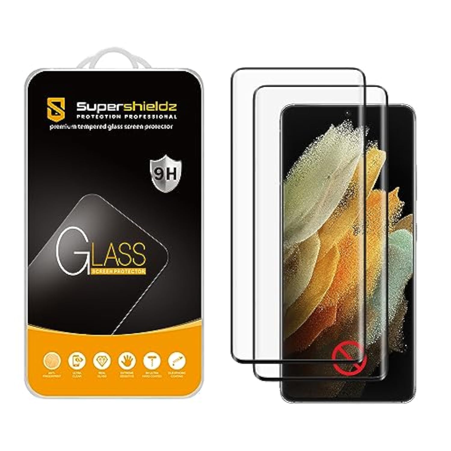 (2 Pack) Designed For Samsung Galaxy S21 Ultra 5G (Not Compatible With Fingerprint Scanner) Tempered Glass Screen Protector, Anti Scratch, Bubble Free (Black)