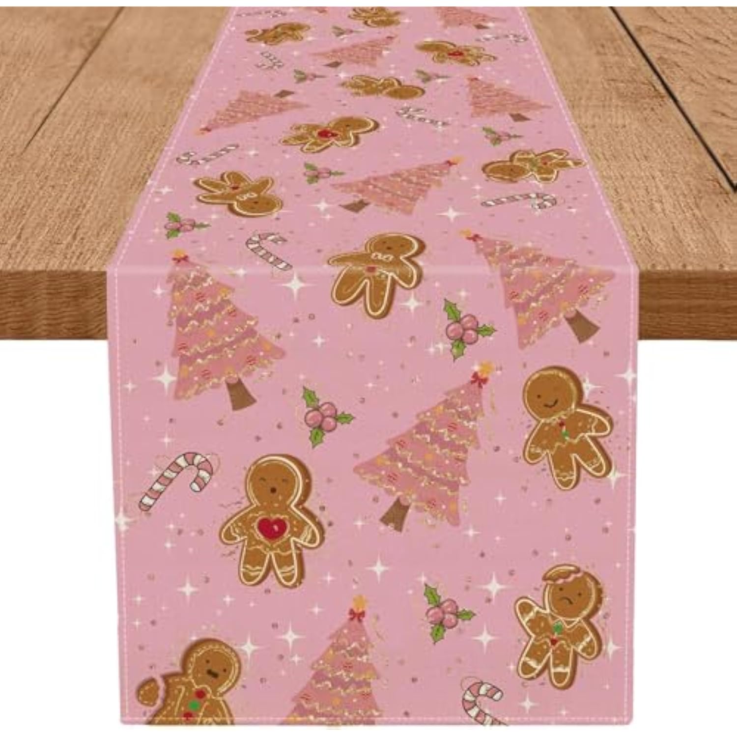 Gingerbread Christmas Decorations Pink Table Runner Pink Tree Glitter Xmas Winter Candy Cane Holiday Kitchen Dining Merry Christmas Table Decor 13X120 Inch