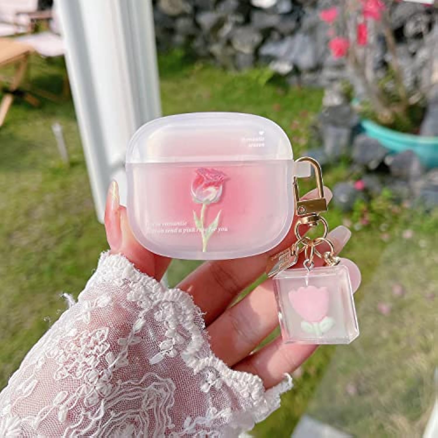 For Airpod 4 Case Cute Romantic Rose Flower With Keychain Clear Frosted Protective Cover Compatible With Airpods 4Th Generation Case For Girls Women (Rose Pink)