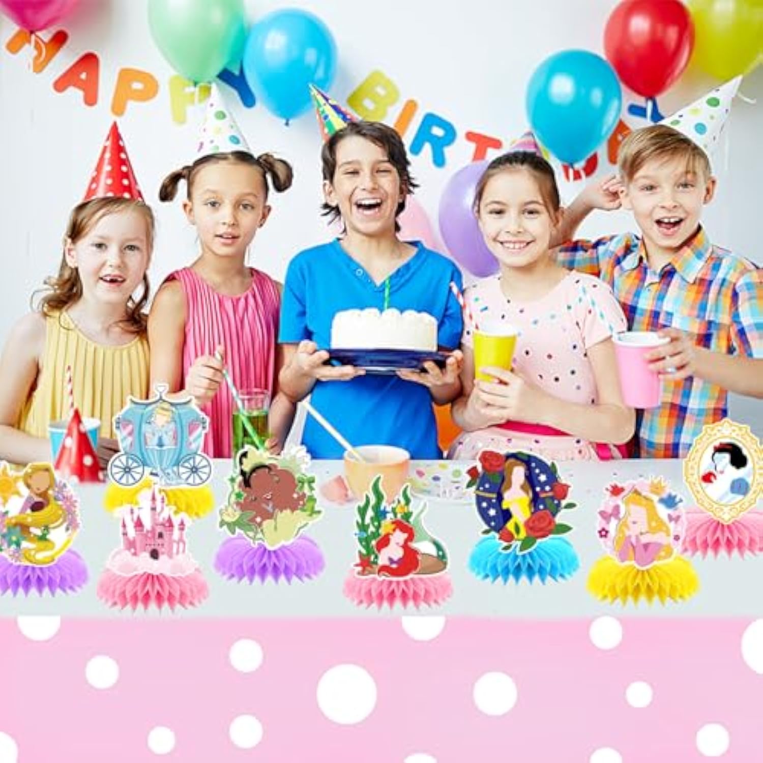 8Pcs Girl Princess Birthday Party Supplies, Princess Girl Honeycomb Centerpieces Seven Girls Theme 3D Table Decorations