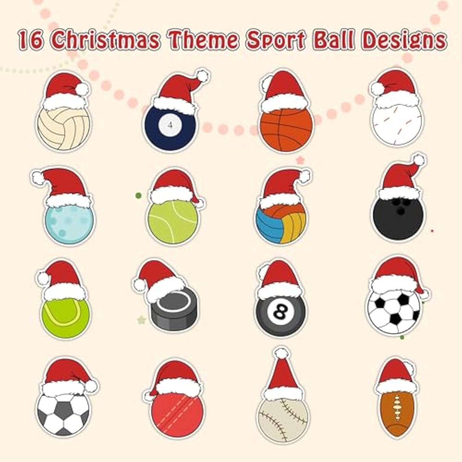 Christmas Ball Roll Stickers - 1000Pcs Christmas Basketball Football Volleyball Wearing Santa Hat Sport Stickers For Kids, Xmas Sport Theme Decals For Laptop Home Decor Party New Year Gifts