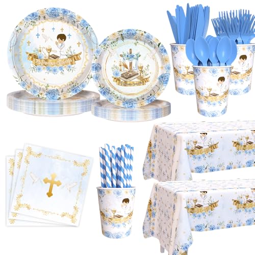 194 Pcs Mi Primera Comunion Baptism Party Decorations for Boy Blue First Holy Communion Party Supplies God Bless Disposable Tableware Set with Plates Napkins Cups Tablecloth Serves 24