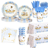 194 Pcs Mi Primera Comunion Baptism Party Decorations for Boy Blue First Holy Communion Party Supplies God Bless Disposable Tableware Set with Plates Napkins Cups Tablecloth Serves 24